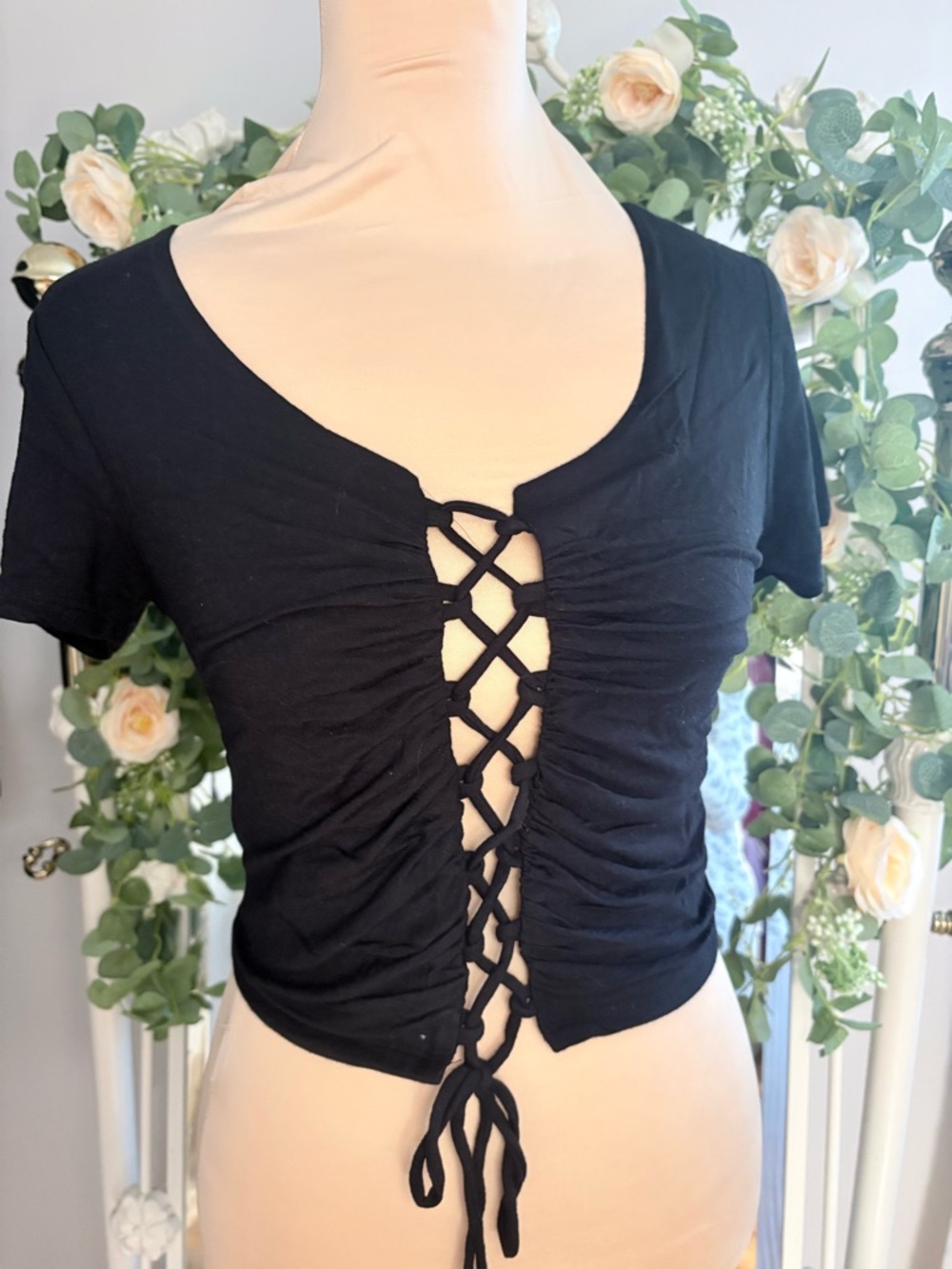 Active USA Black Lace-Up Short Sleeve Top